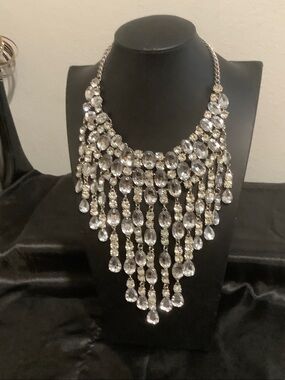 Statement Crystal Fringe Necklace - Silver Tone